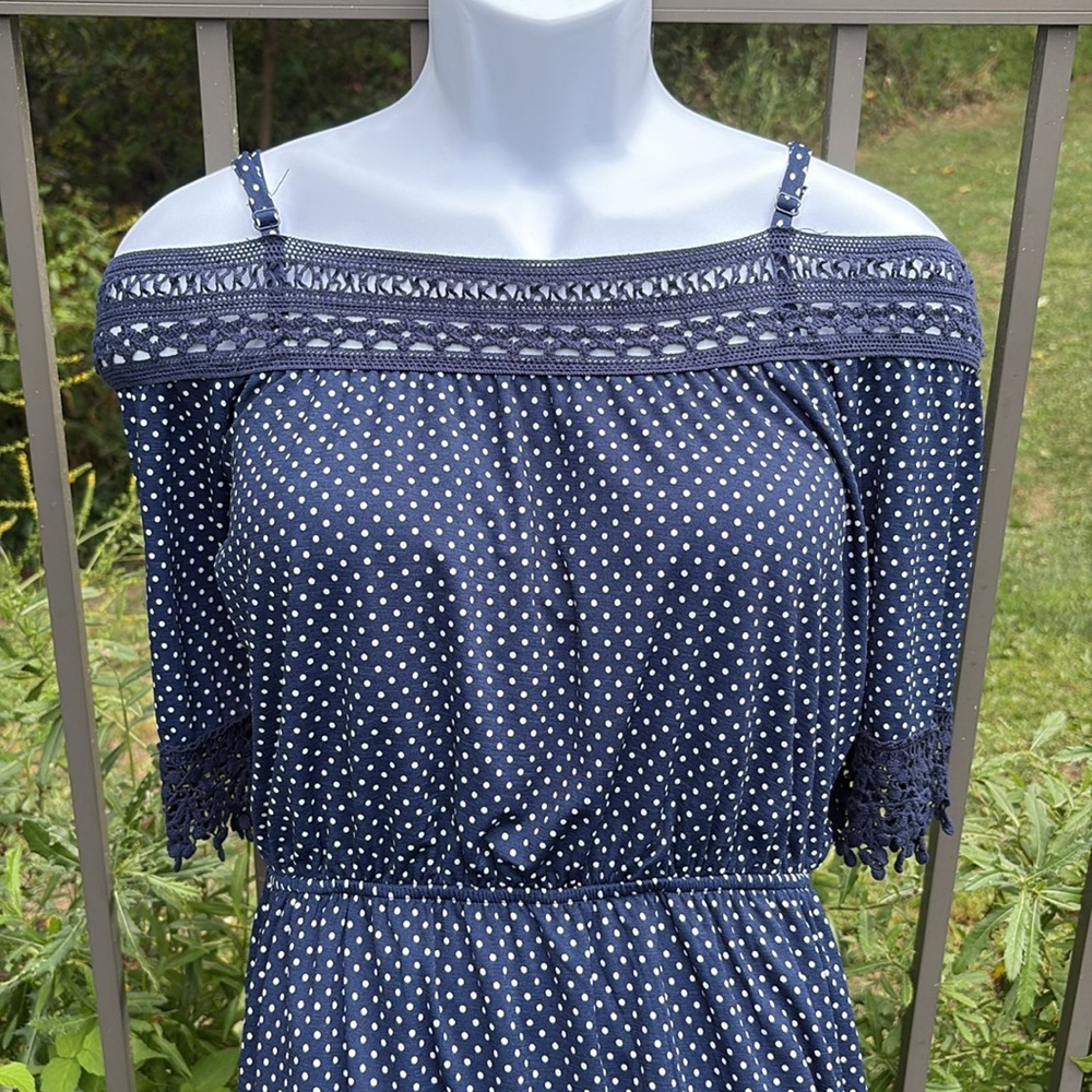 Faded Rose Blue & White Polka Dot Off the Shoulder Dress Size Small